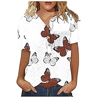 Summer Tops for Women Floral Pattern Printed Short Sleeve Round Neck Button Down Blouse Pullover Comfy Dressy Tshirts