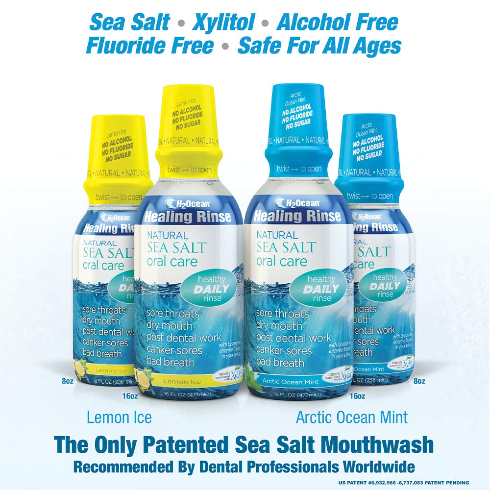 H2Ocean Healing Rinse Mouthwash- Great Tasting Sea Salt & Xylitol Mouth Wash for Fresh Breath & Dry Mouth - Alcohol & Fluoride Free - Lemon Ice 8oz