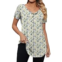 Womens Summer Clothes Trendy Floral Tops for Women 2024 Summer Bohemian Casual Fashion Loose Fit with Short Sleeve Henry Neck Shirts Purple Large