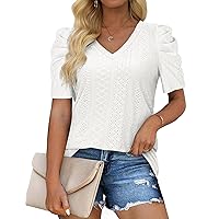 XIEERDUO Women's Summer Tops Trendy V Neck T Shirts Puff Sleeve Casual Flowy