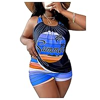 SOLY HUX Women's Plus Size Tankini Set Striped Tropical Print Tops and Shorts Bikini Bathing Suits 2 Piece Swimsuit