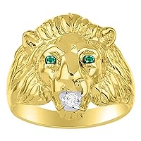 Rylos Mens Rings 14K Yellow Gold Lion Head Ring Genuine Diamond in Mouth & Color Stone Birthstones in Eyes Fun Designer Rings For Men Men's Rings Gold Rings Sizes 6,7,8,9,10,11,12,13 Mens Jewelry