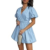 Pretty Garden Womens Short Summer Dresses Casual Puffy Sleeve Wrap V Neck Ruffle Solid Color Flare Dress