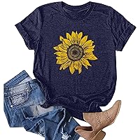 ZEFOTIM Boho Shirts for Women,Summer Casual Sunflower Print Fit Tops Shirts Loose Short Sleeve Crewneck Tunic Blouse Tees Womens Tops and Blouses Womens Graphic Tees(D-Navy,Medium)