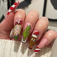 Christmas Press on Nails Medium Square Fake Nails Cute Cartoon Designs Pink Full Cover Artificial Acrylic Nails Glue on Nails French Tip False Nails Winter Xmas Manicure Decorations for Women Girls