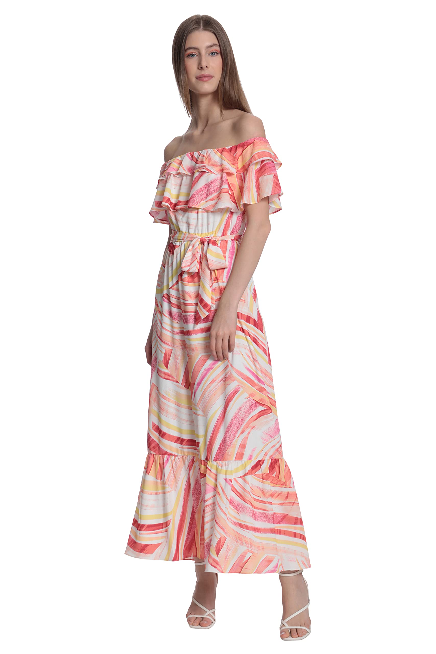 Donna Morgan Women's Painterly Stripe Printed Maxi Dress with Off The Shoulder Ruffle and Bottom Skirt Tier
