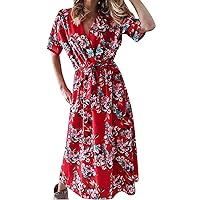 2021 Women's Casual Printing Short Sleeve Holiday Party Floral Print Long Dress(C)