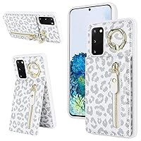 Samsung Galaxy S20 Case with Card Holder for Women, Samsung Galaxy S20 Phone Case Wallet with Credit Card with Ring Kickstand Zipper Slim Stand Case - White Leopard