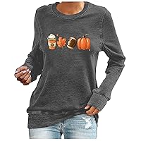 Fall Long Sleeve Tops for Women, Pumpkin Coffee Print Cute Sweatshirt Halloween Thanksgiving Shirts Going Out Blouse