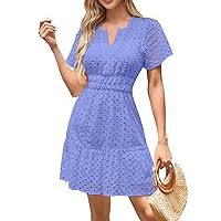 Eyelet Dress for Women, Women's V Neck A Line Hollow Lace Pleated Short Sleeved, S XXL