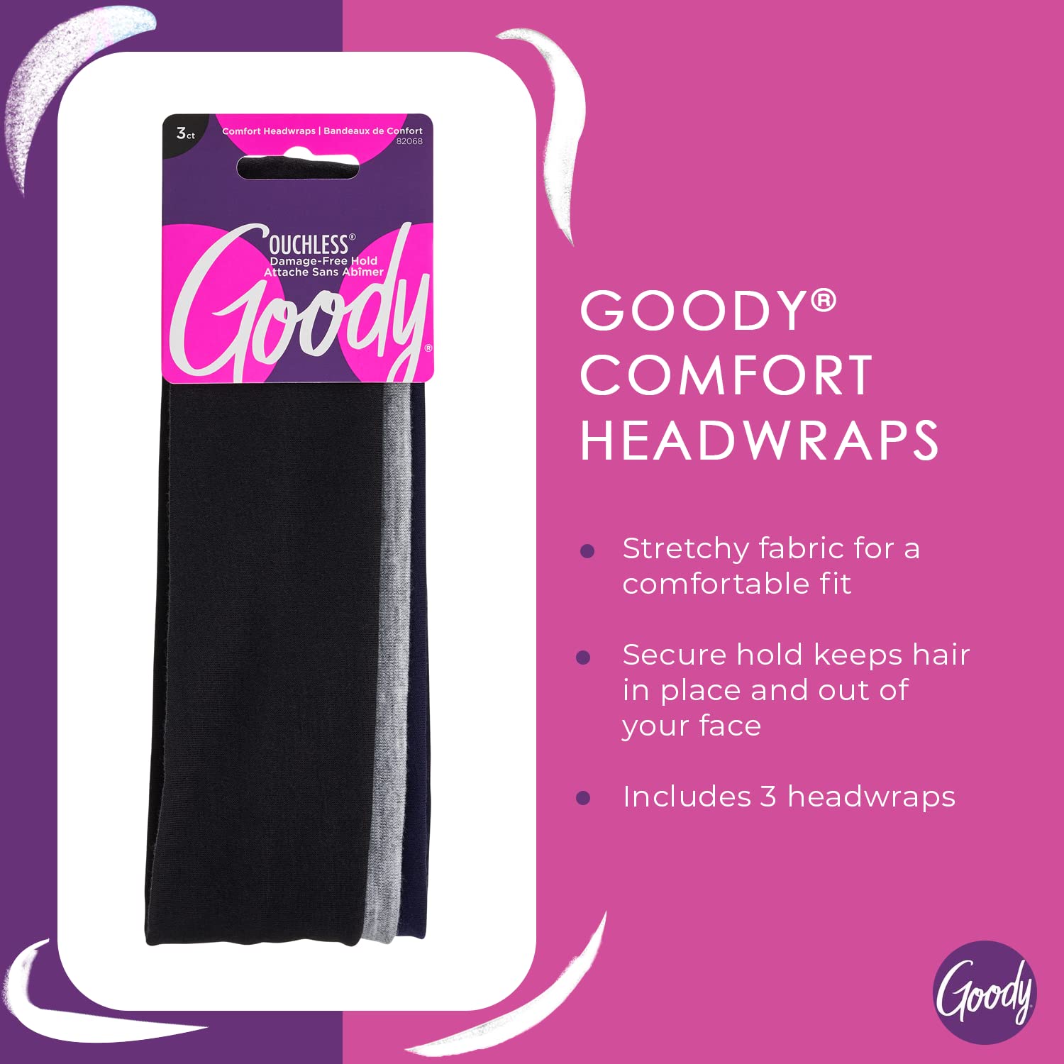 Goody Ouchless Comfort Headwraps - 3 Count(Pack of 1), Assorted - Made from Fabric that is Soft and Strong for a Comfortable Fit - for All Hair Types - Pain-Free Hair Accessories for Women and Girls