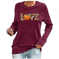 Thanksgiving Shirt for Women Thankful Love Pumpkin Print Tops Fall Long Sleeve Tshirt Halloween Blouse Fashion Outfits