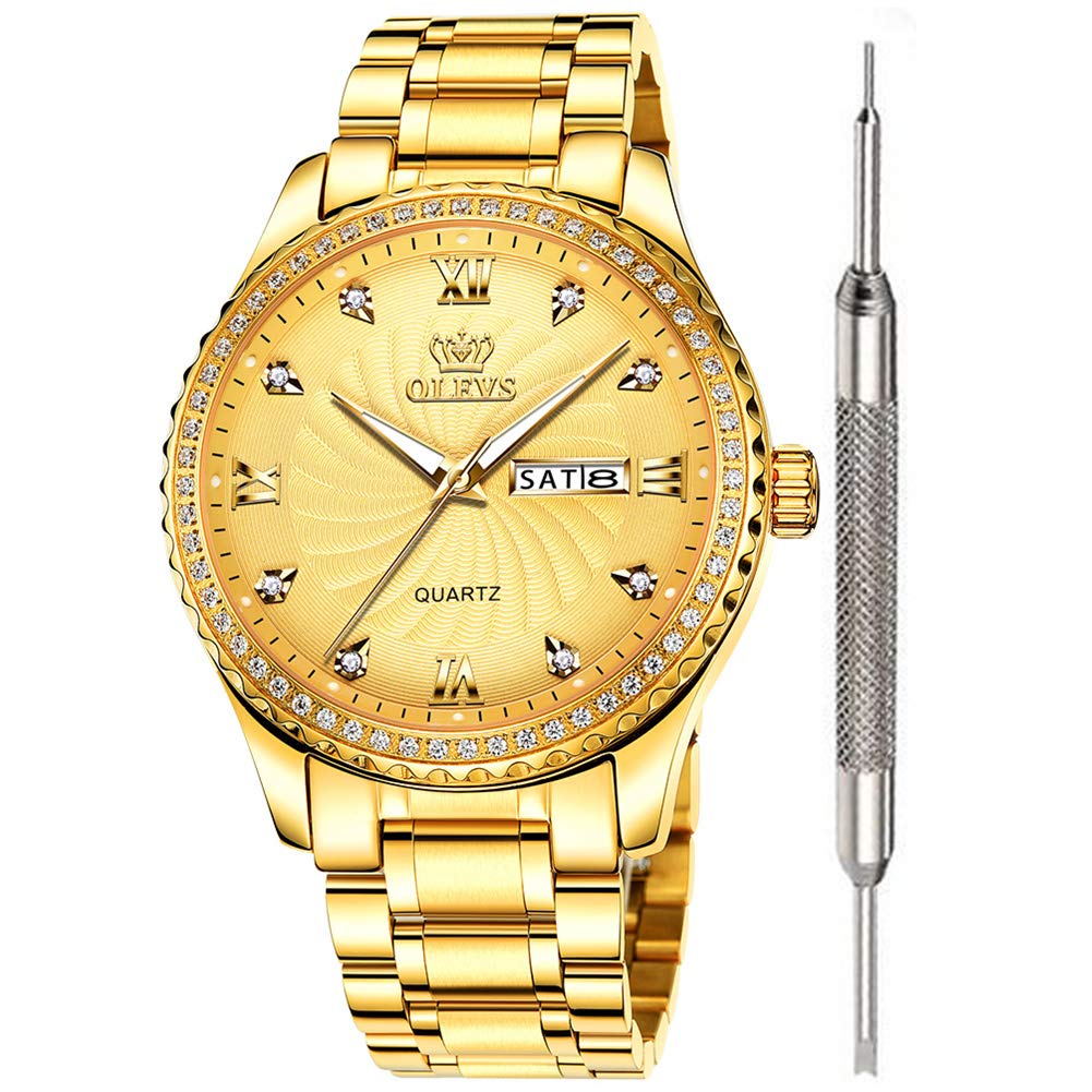 OLEVS Luxus Diamant Uhren für Herren Wasserdicht Herren Feine Business Casual Uhr Kalender Woche Analog Quarzuhr für Weihnachten