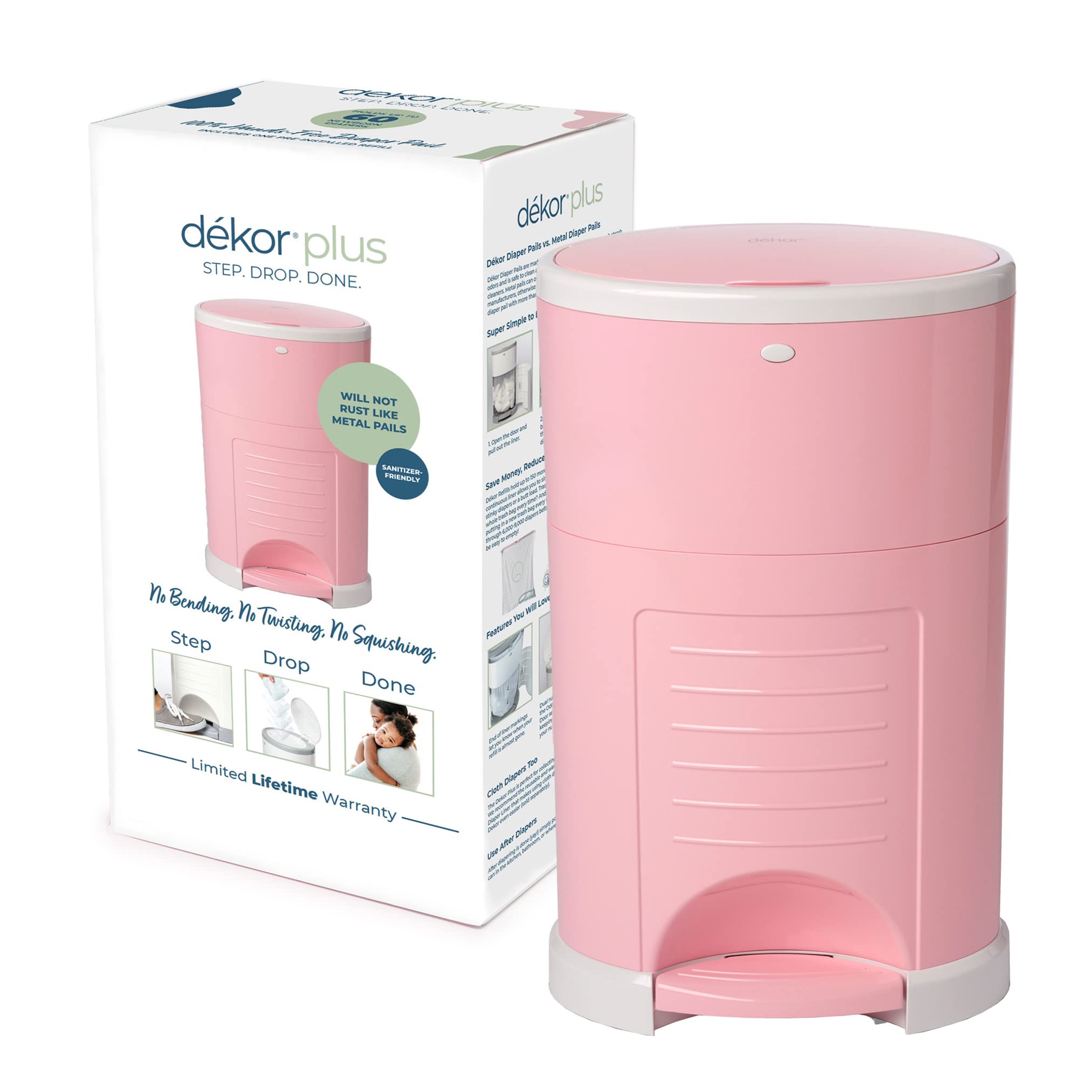 Dekor Plus Hands-Free Diaper Pail | Soft Pink | Easiest to Use | Just Step – Drop – Done | Doesn’t Absorb Odors | 20 Second Bag Change | Most Economical Refill System |Great for Cloth Diapers