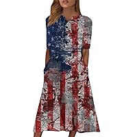 Women's Summer Dresses 2024 V-Neck Short Sleeve Dress Polka Printing Casual with Pockets 4Th of Dress, S-2XL