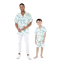 Matchable Hawaiian Luau Father Son Men Aloha Shirt or Boy Aloha Shirt in Orchid Breeze White
