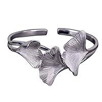 NicoWerk Silver Bangle Ginkgo Leaf Ginko Natural Wide Matte Smooth Bangle Bracelet 925 Women's Jewellery Gift Sterling SAR117, Silver, without stone