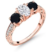 Gem Stone King 18K Rose Gold Plated Silver Black Onyx Ring Set with Oval Moissanite (1.97 Cttw)