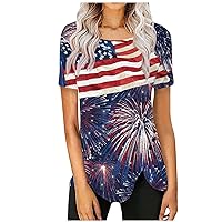 Women's Summer Independence Day Printed T-Shirt Loose Casual Crewneck Hem Button Decorated Short Sleeve Top Blouses