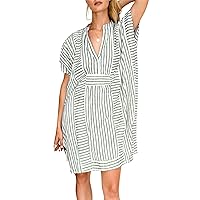 chouyatou Womens Summer Loose Stripe Beach Dress Cover Ups Casual Batwing Sleeve Midi Tunic Shirt Dress
