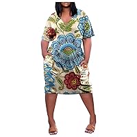 Womens Plus Size Maxi Dress Summer Plus Size V Neck Short Sleeve Knee Pocket Soild Color Casual Dress