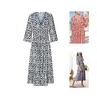 2024 New Plus Size Summer V Neck Floral Dress for Women Casual Loose Print V-Neck Dress Bohemian Long Dress 3/4 Sleeve
