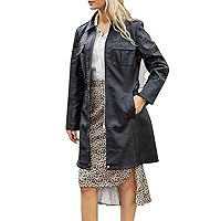 Women Fashion British Coat Mid Length Trench Coat Jacket Faux PU Leather Oversize Classic Lapel Overcoat with Belt