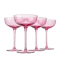 Pink Colored Martini, Champagne and Cocktail Coupe Glass | 7oz | Set of 4 Colorful Champagne & Glasses, Fancy Manhattan, Crystal, Cocktails Barware, Margarita Bar Glassware Gift, Vintage (Blush Pink)