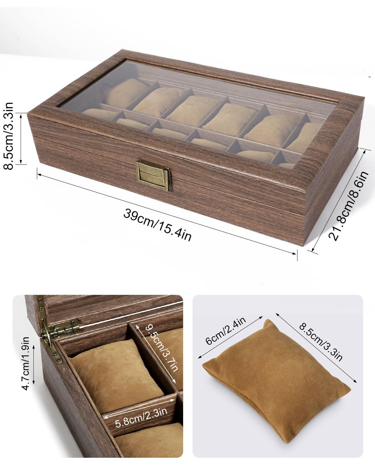 Uten Watch Box 12 Slots, Watch Case Organizer with Real Glass Lid, Wood Grain PU Leather Watch Display Storage Box with Removable Imitation Suede Watch Pillows, Metal Clasp, Gift for Men and Women