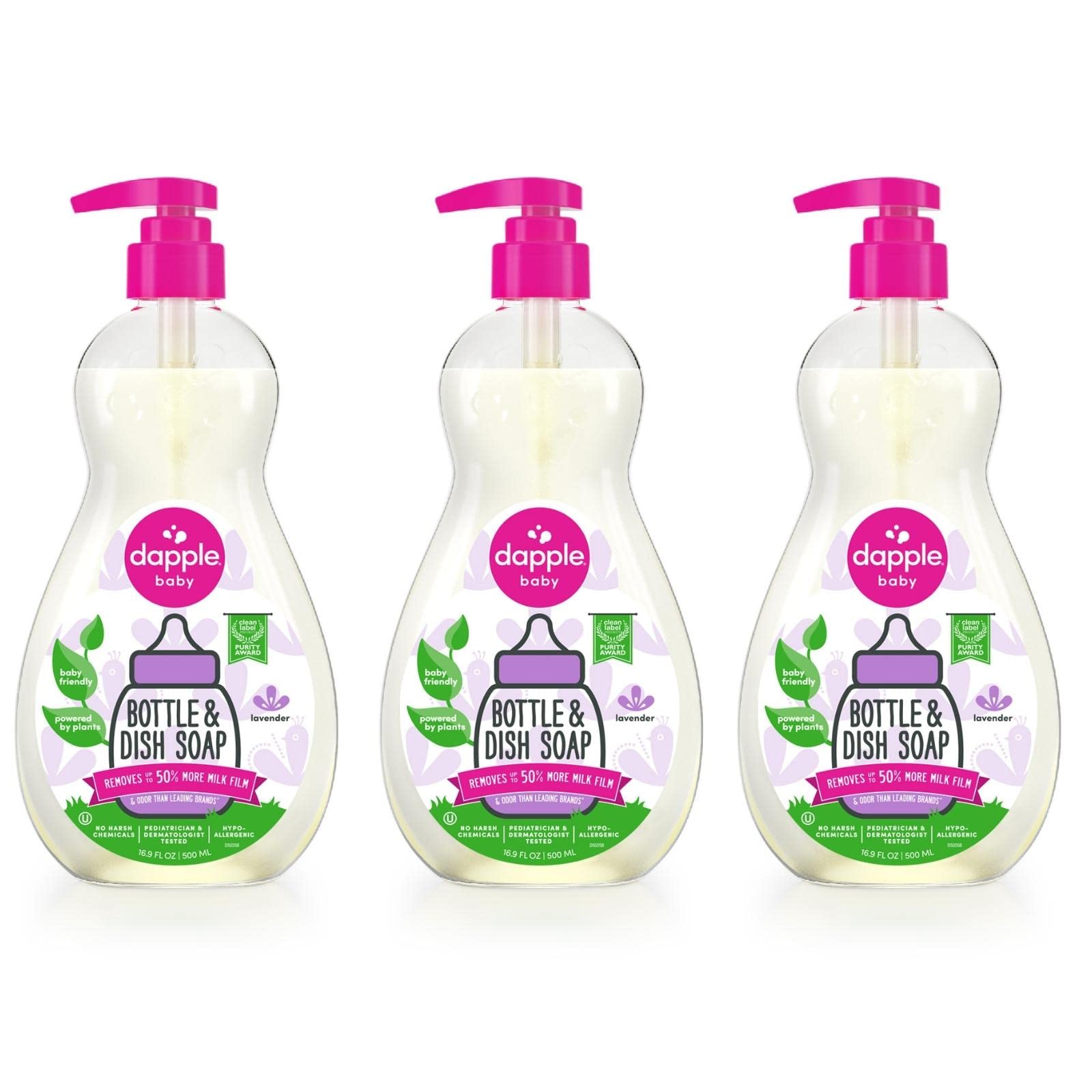 Dapple Baby, Bottle and Dish Soap Dish Liquid Plant Based Hypoallergenic 1 Pump Included, Packaging May Vary, Lavender, 16.9 Fl Oz (Pack of 3)