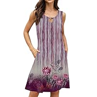 Sundresses for Women Casual Beach 2024 Floral Tshirt Sundresses Fashion Boho Round Neck Summer Dress with Pockets