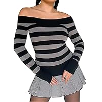 for Women Plus Size Women's Long Sleeved One Line Neck Horizontal Pattern Fashion Womens V Neck Knitted Tops (Black, S)