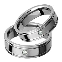 Jaime titanium ring with parallel grooves and diamond set wedding band for him and her.