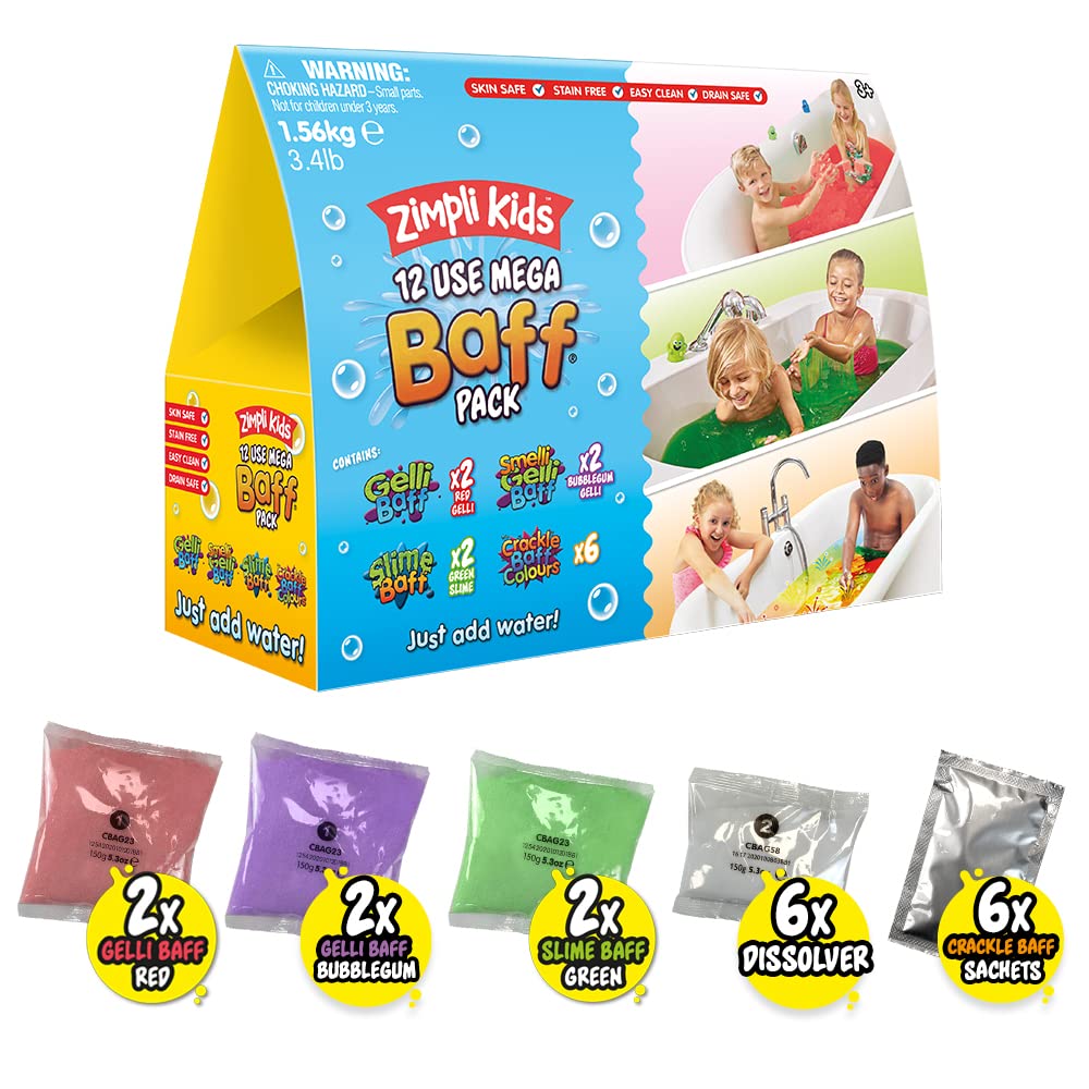 12 Use Mega Value Baff Pack from Zimpli Kids, 4 x Gelli Baff, 2 x Slime Baff & 6 x Crackle Baff, Children's Sensory & Bath Toy, Birthday Presents for Boys & Girls, Certified Biodegradable Gift