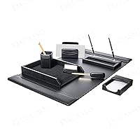 Dacasso Classic Black Leather Desk Accessory Set - 8 Piece Desk Organization Essentials with Desk Pad - Luxury Executive Desk Decor & Office Organization