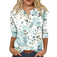 Womens Tops 3/4 Length Sleeves 3/4 Length Sleeve Womens Tops 2024 Casual Trendy Print Loose Fit with Henry Collar Oversized Tunic Shirts Black 4X-Large