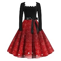 Christmas Dresses for Women Christmas Cocktail Dress Womens Square Neck Long Sleeve Swing A Line Floral Dresses