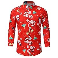 Mens Christmas Shirts Long Sleeve Floral Printed Button Up Tops Funny Cute Xmas Reindeer Tree Graphic Dress Shirts