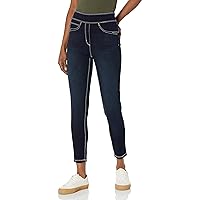 SLIM-SATION Women's Wide Elastic Pull on Solid Denim Crop Jegging with Faux Front Pockets