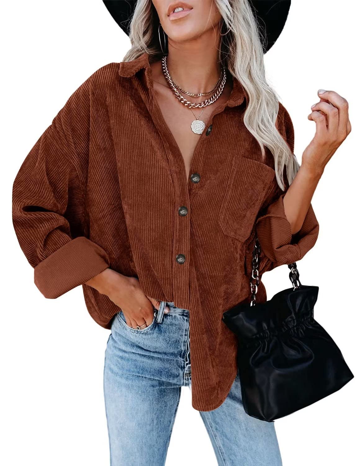 ZOLUCKY Women's Casual Plus Size Shacket Jacket Long Sleeve Button Down Shirts Blouses Tops