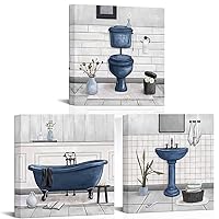 HOMEOART Bathroom Wall Art Bath Tub Painting Picture Bathroom Wall Decor Framed Ready to Hang 12x12inchx3,Deep Blue