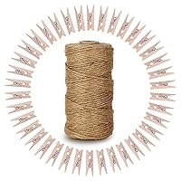 328 Feet Natural Jute Twine with 100 Pcs Mini Natural Wooden Clothespins Photo Pegs Craft Pictures Clips
