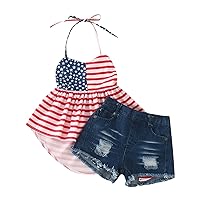 4th of July Toddler Girls Summer Outfits America Star Strap Backless Top Denim Shorts Jeans Independent Day Outfit Set