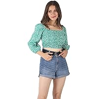Women's 3/4 Sleeve Square Neck Fitted Printed Blouse Crop Top