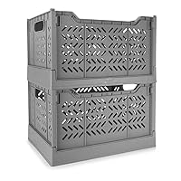 2-Pack Crates for Storage, Storage Crates Plastic Stackable, Collapsible Folding Crate for Office Home Kitchen Bedroom Bathroom (Tall, Gray)