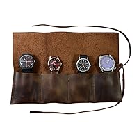 Hide & Drink, Rustic Leather Watch Roll Organizer Handmade from Full Grain Leather, Holds Up to 4 Watches, Easy Carry On Watchlover Storage (Bourbon Brown)