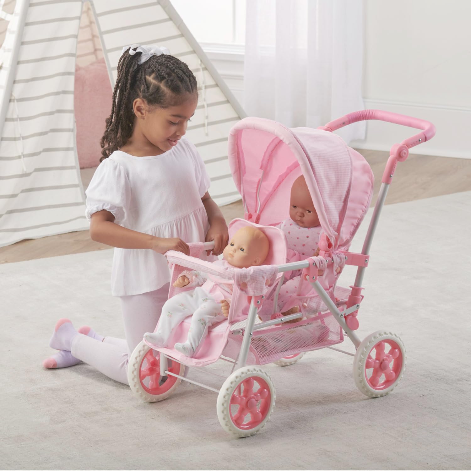 Badger Basket Toy Doll Folding Front-to-Back Double Stroller with Canopy for 18 inch Dolls - Pink/Gingham