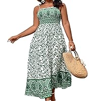 Womens Plus Size Summer Floral Boho Print Maxi Dress Short Sleeve Smocked High Waist A Line Beach Dresses