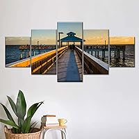 5 Pieces Canvas Wall Art Modern Home Decor Iconic Fort Myers Beach Dock Framed Artwork Pictures for Wall Decor Pictures for Living Room 60x32 Inch