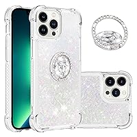 for iPhone 15 Pro Case, with 360 Degrees Ring Stand Glitter Liquid Clear Flowing Quicksand TPU Anti-Fall Belt Bumper Corner Women Case for iPhone 15 Pro Silver Color YBZ